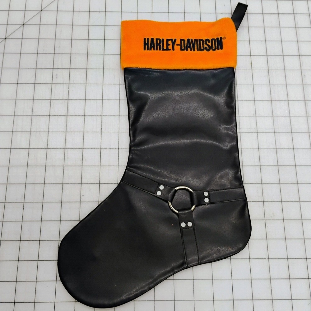 Harley Davidson Logo Christmas‎ Stocking Boot Black Faux Leather Orange Trim